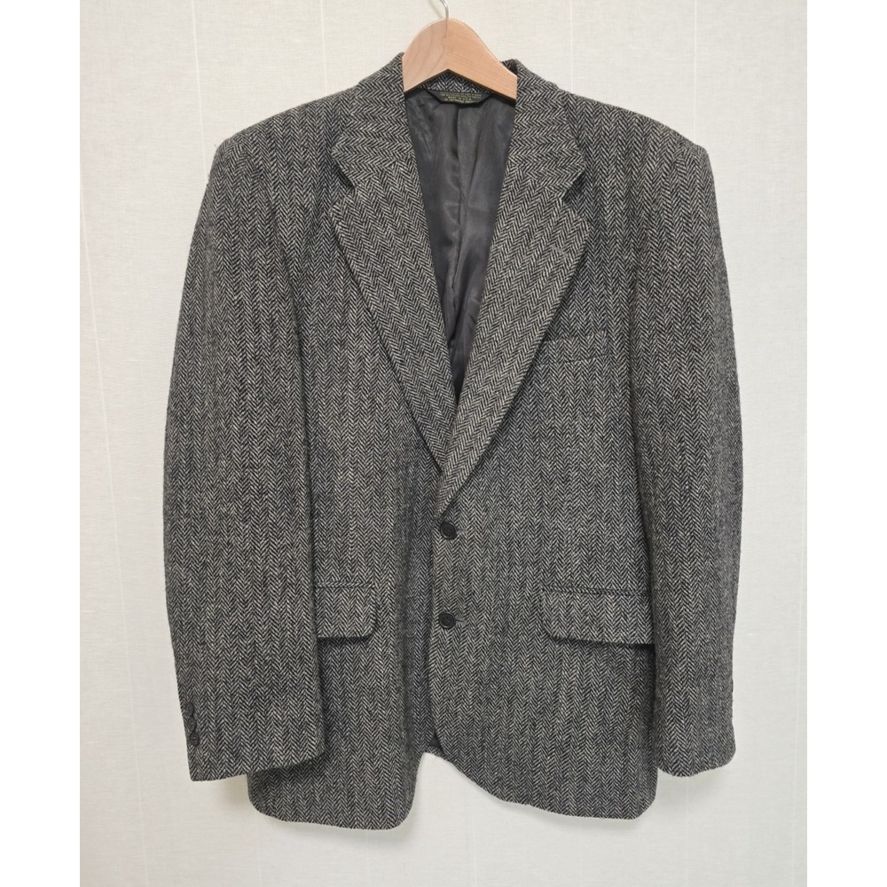 Vintage Harris Tweed Mens Black Sport Coat Blazer Herringbone 46 Flaw Small Hole
